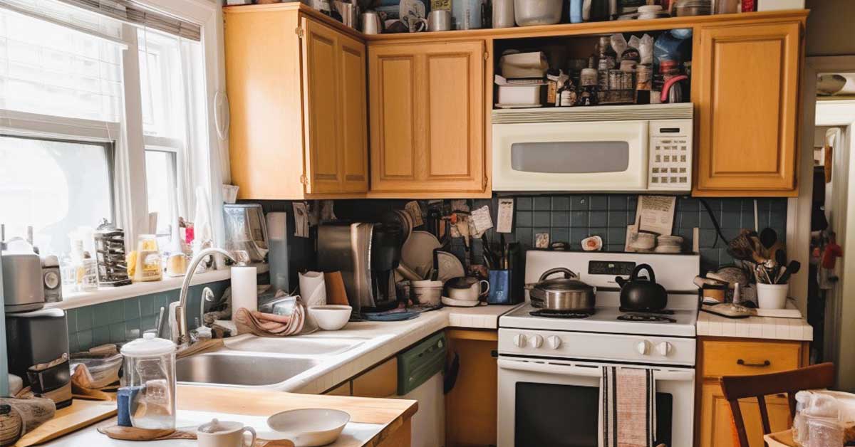 Extremely messy kitchen as a representation of many things to declutter in the kitchen.