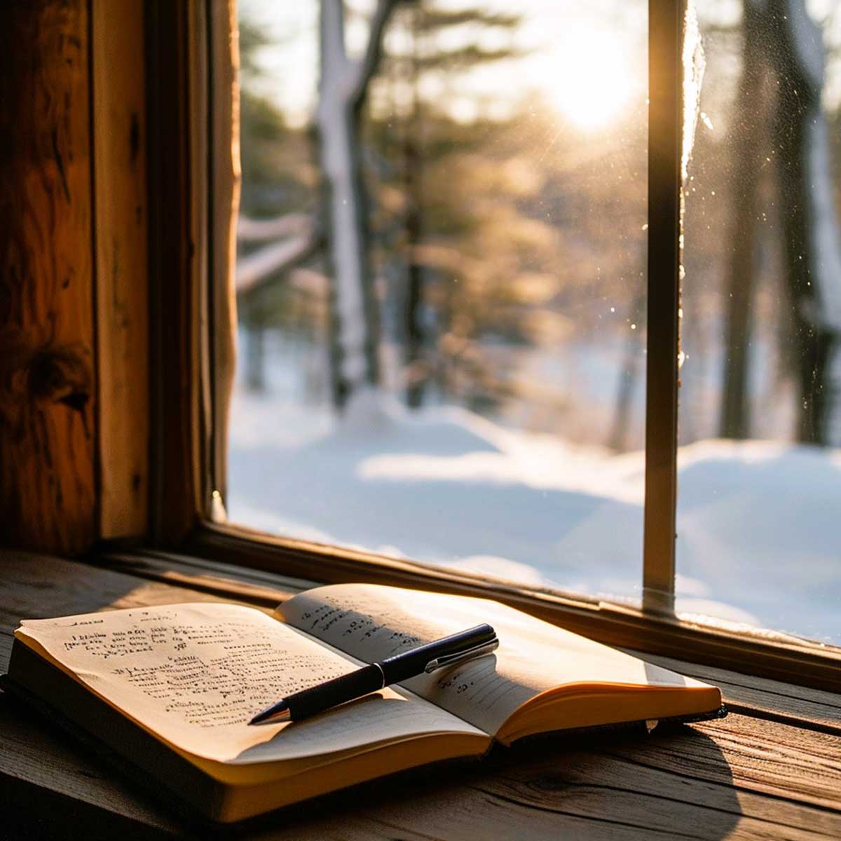 Open journal near sunny window on a snowy day.