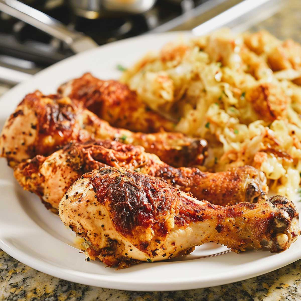 February dinner idea of oven-fried chicken drumsticks and fried cabbage.