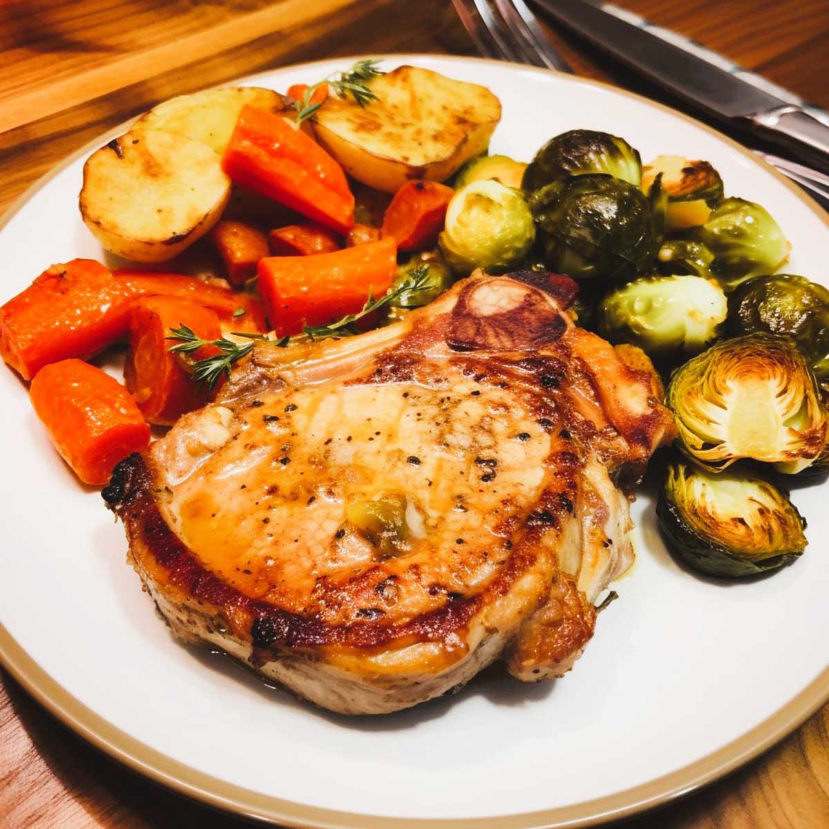 Plate with pork chop and roasted vegetables.