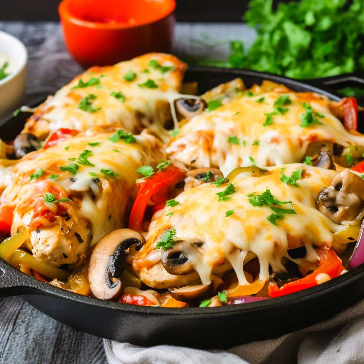 Smothered chicken in cast iron skillet.