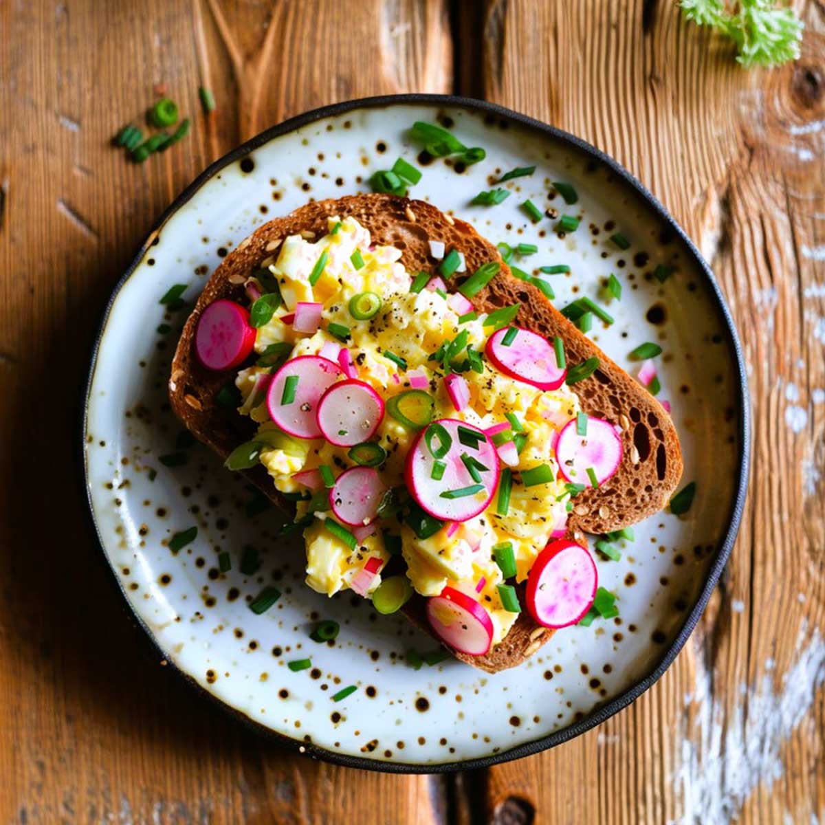 Early spring dinner of egg salad with spring onions and radishes on toast on rustic speckled plate.