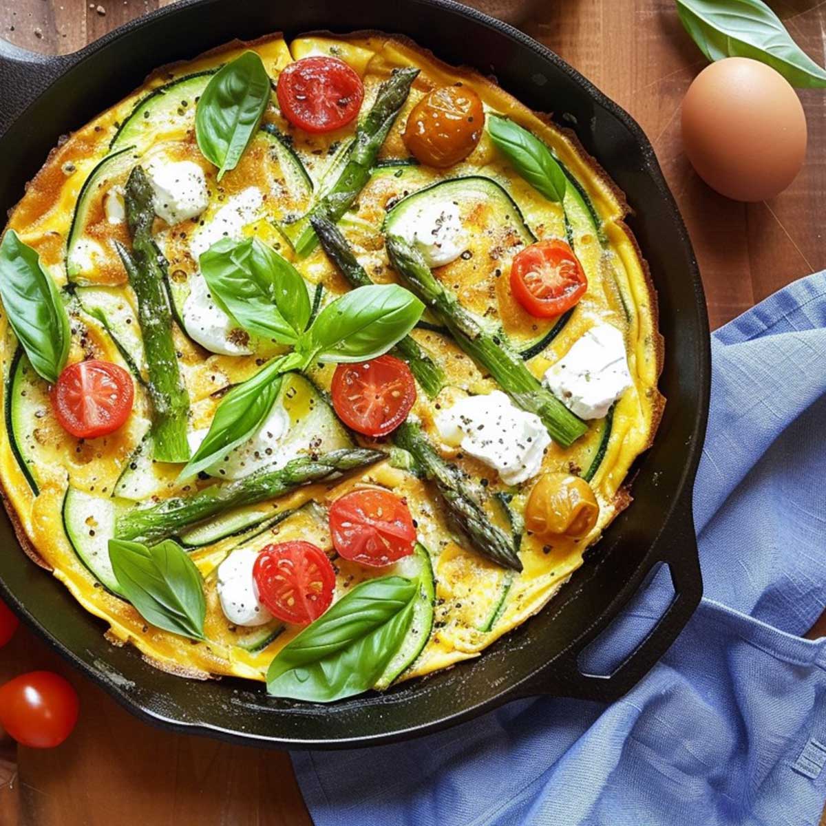 Early spring meal of frittata with spring vegetables in cast iron skillet.