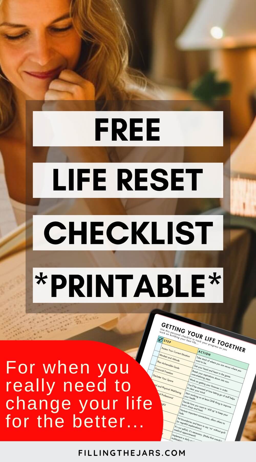 Pinterest image with text 'free life reset checklist printable' and mockup of checklist on tablet over background of woman smiling while reading.