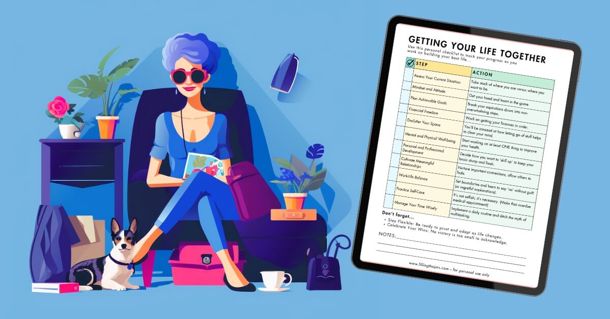 Illustration of happy woman sitting on a chair with a small dog at her feet next to a mockup of a digital printable getting your life together checklist.