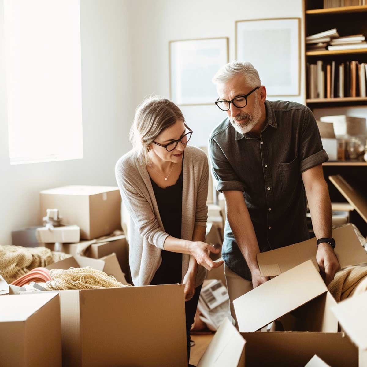 Midlife couple working together to downsize and declutter their home.