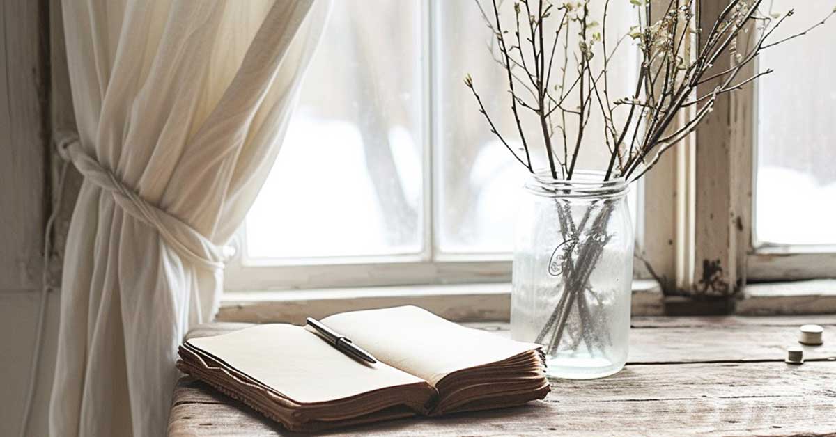 Rustic table with open journal and mason jar with willow branches in front of window.