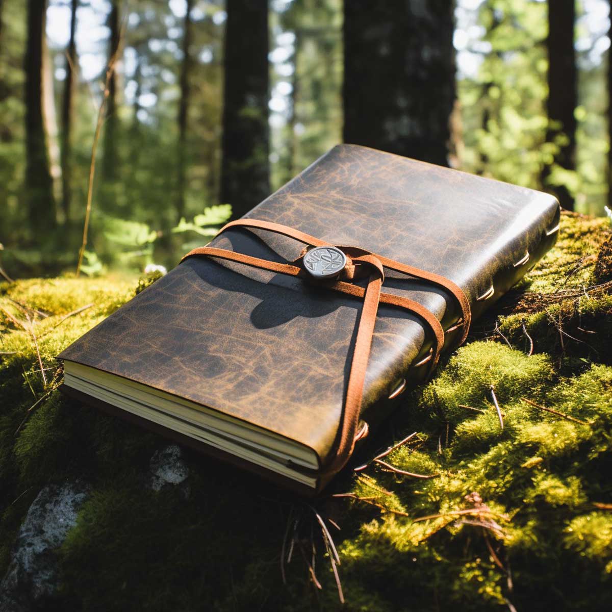 Leather journal on mossy rock on a sunny March day.