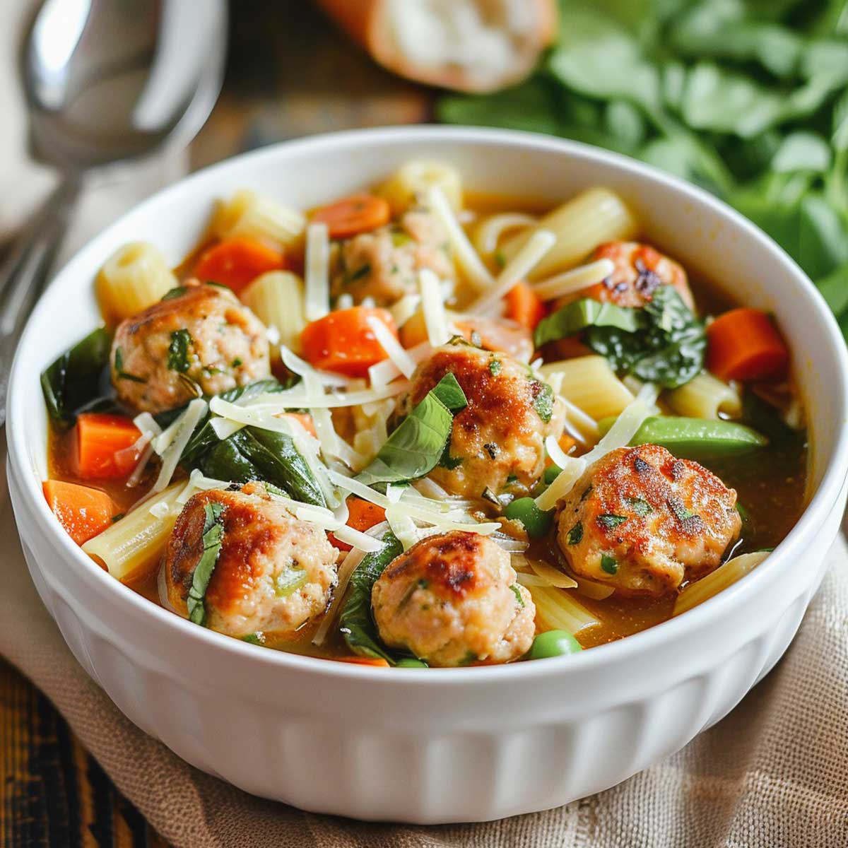 Early spring dinner of spring minestrone soup with chicken meatballs in white bowl.