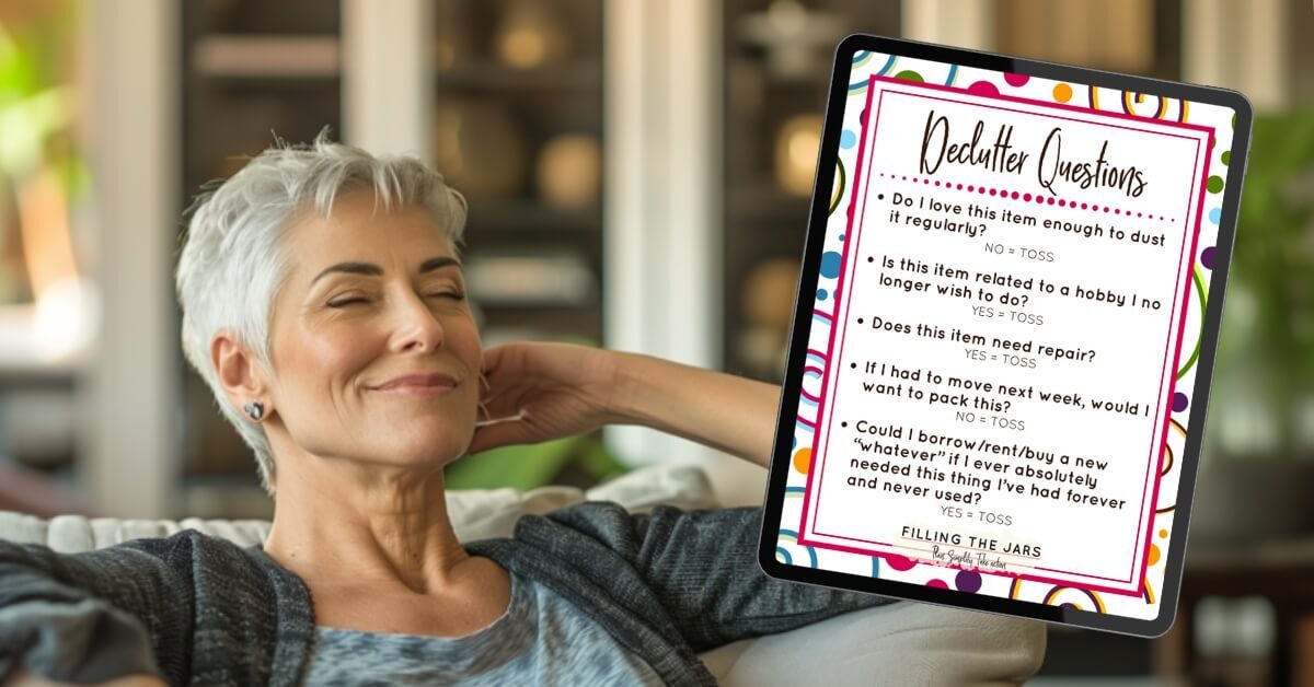 Digital tablet mockup of declutter questions page over background of woman relaxing after successfully decluttering.