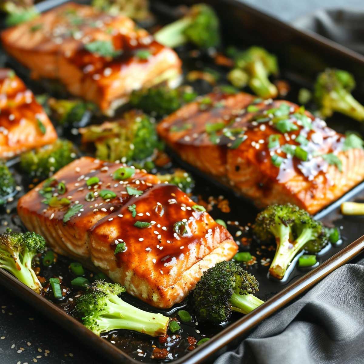 Early spring supper of glazed salmon and broccoli on sheet pan.