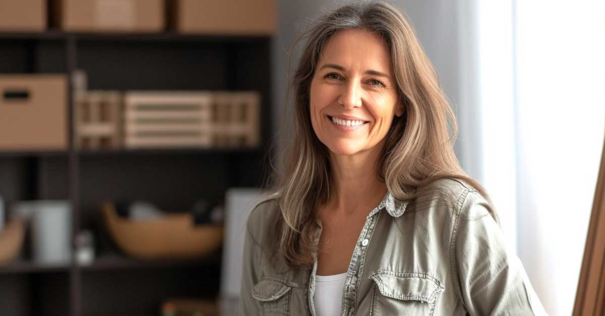 Smiling woman with long hair and casual shirt standing in her home while preparing for spring decluttering.