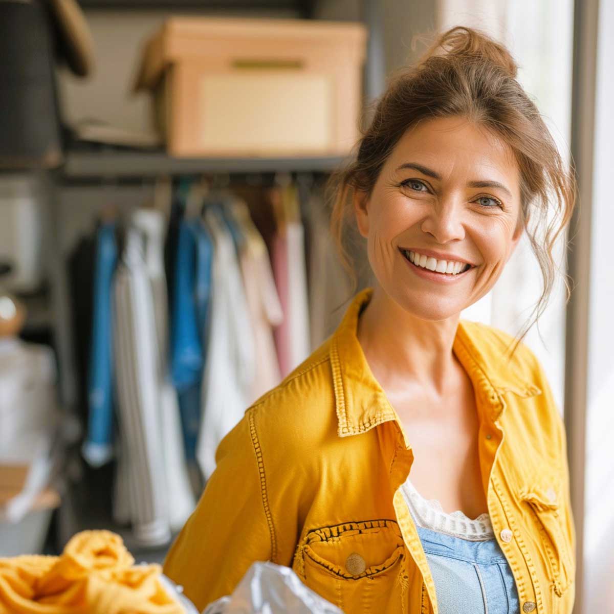 Smiling woman in yellow shirt ready to spring declutter her closet.