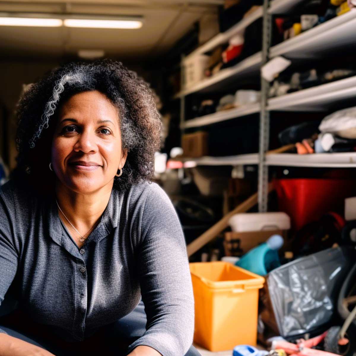 Black woman sitting in a cluttered garage which she is getting ready to spring declutter.