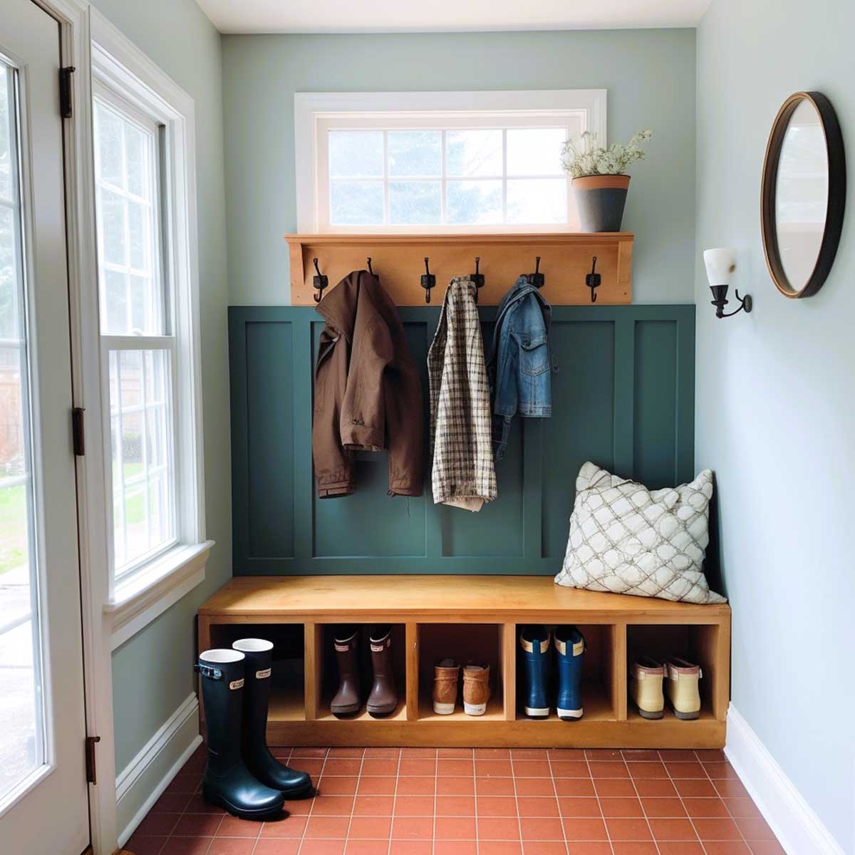 Neat and tidy family entryway after a spring declutter with a few jackets on hooks and boots in cubbies.