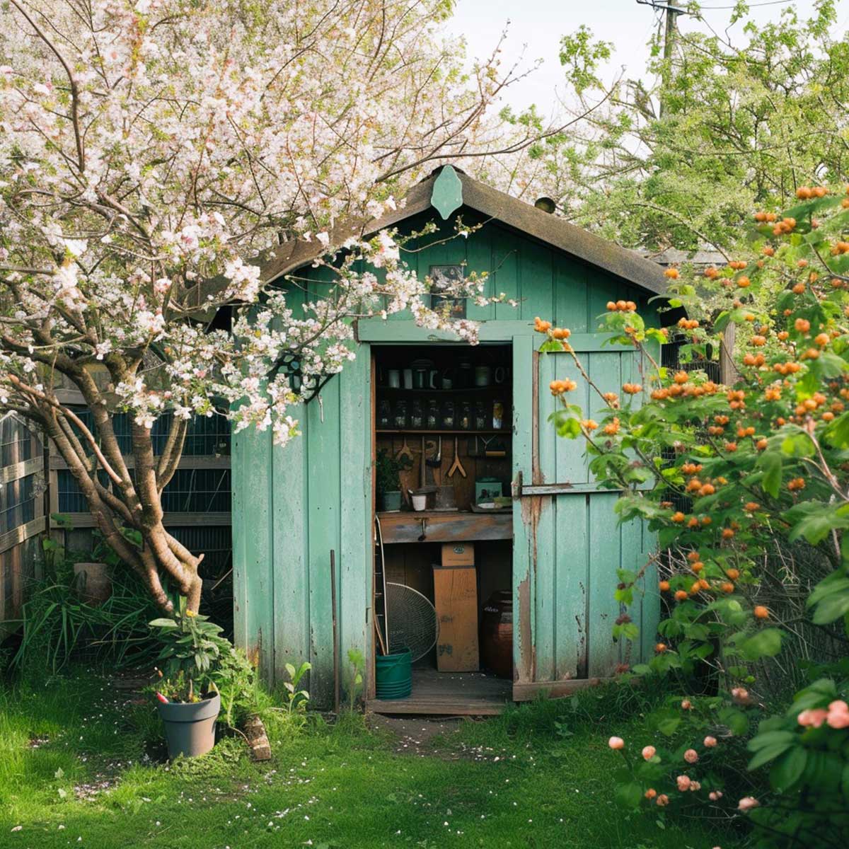 Cute light green garden shed on a spring day with an open door showing a peek of the organized interior.