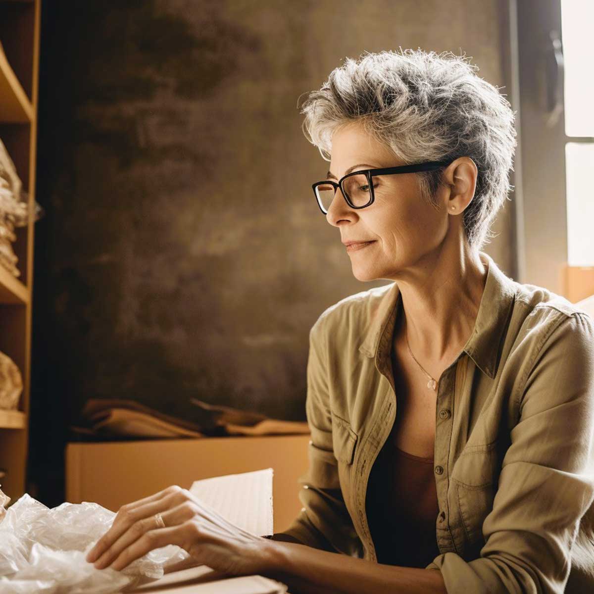Midlife woman working through the process of downsizing without moving.