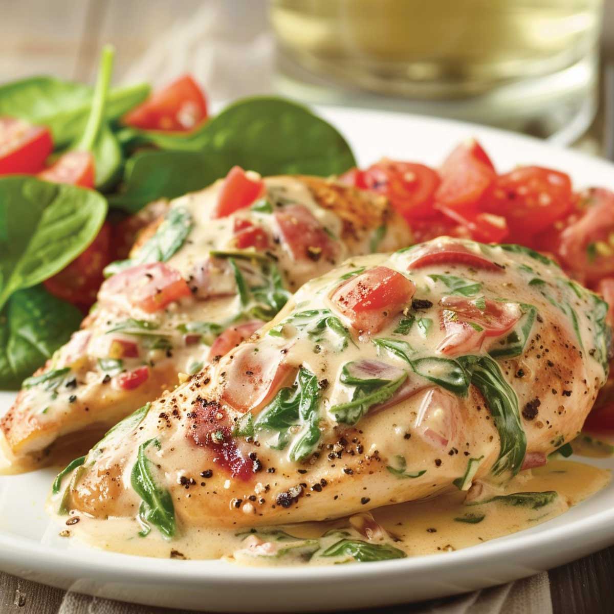 Early spring recipe of Tuscan chicken and spinach salad on white plate.