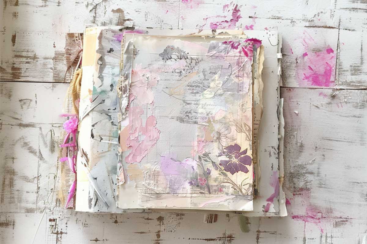 Example of creative journaling papers in purples and pinks on rustic white wood background.