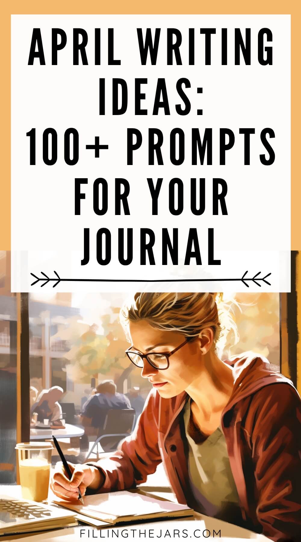 Pinterest image with text 'April writing ideas: 100+ prompts for your journal' on white square above illustration of woman journaling in front of sunny window.