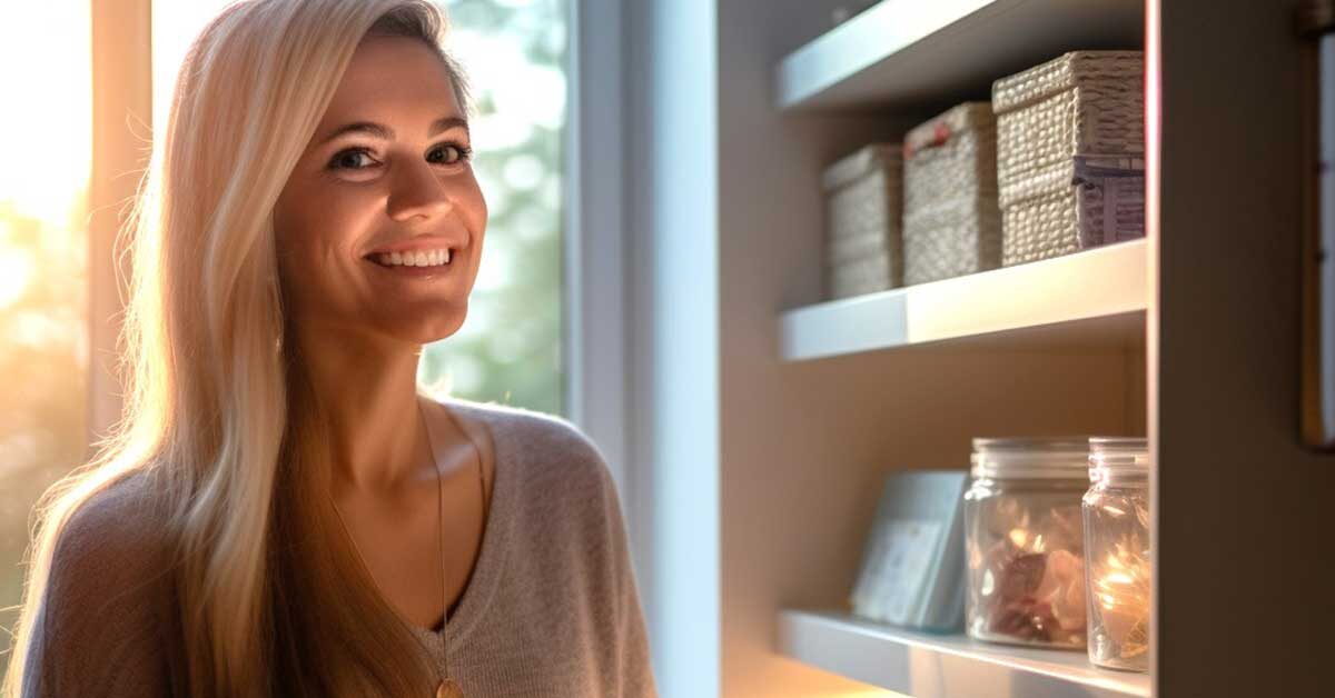 Happy woman standing in front of a sunny window and showing off her shelves that were organized without buying anything new.