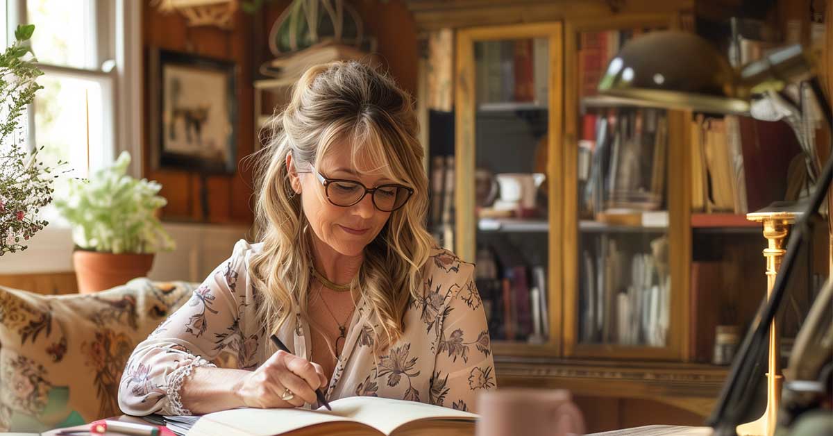 A woman wearing glasses sits at a desk in a cozy, well-lit room, doing May journaling in a notebook surrounded by lush houseplants and vintage decor.