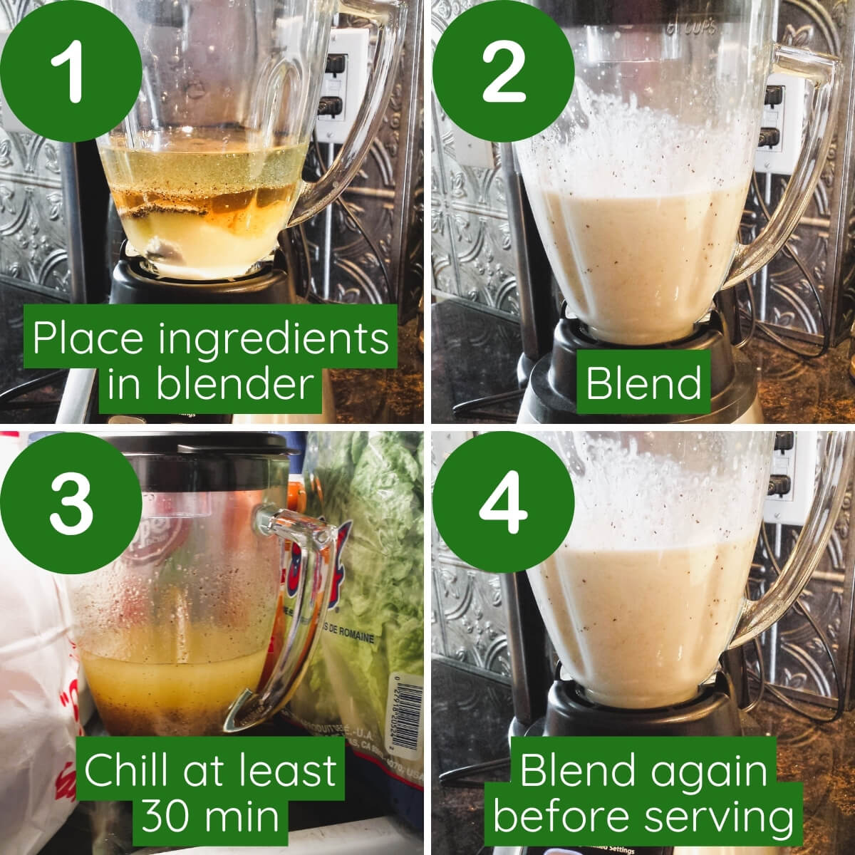 Step-by-step process for making Asian salad dressing in a blender. Step 1 shows ingredients in the blender with text 'Place ingredients in blender.' Step 2, the mixture is blending, labeled 'Blend.' Step 3, the dressing is in the refrigerator, captioned 'Chill at least 30 min.' Step 4, the dressing is blending again, with the directive 'Blend again before serving.'