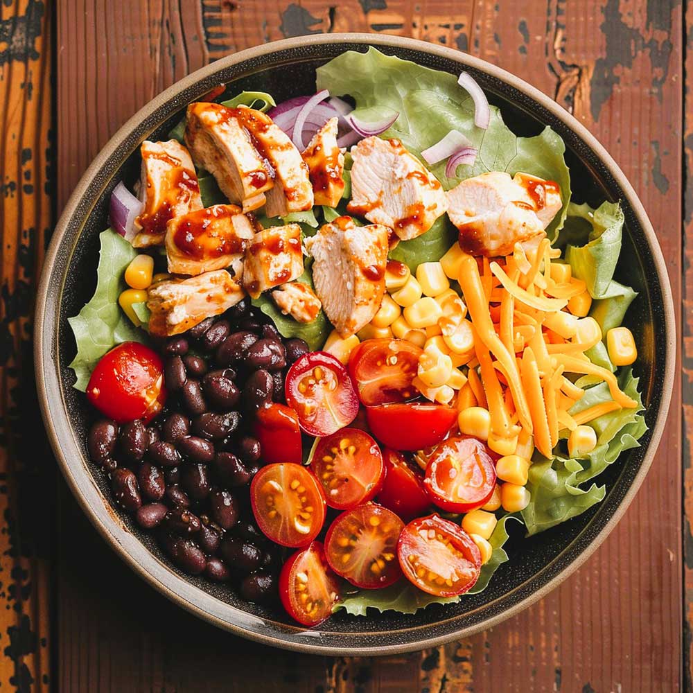 A colorful BBQ chicken salad in a dark bowl, featuring grilled chicken slices drizzled with barbecue sauce, alongside separate sections of black beans, corn, shredded cheese, cherry tomatoes, and red onions on a bed of green lettuce.