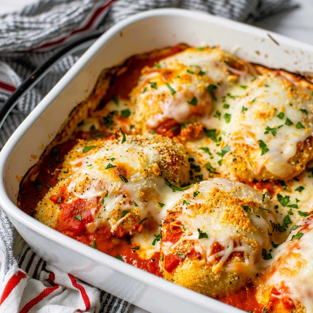 Baked chicken Parmesan in a white casserole dish, topped with melted mozzarella cheese, garnished with chopped parsley and served with tomato sauce.