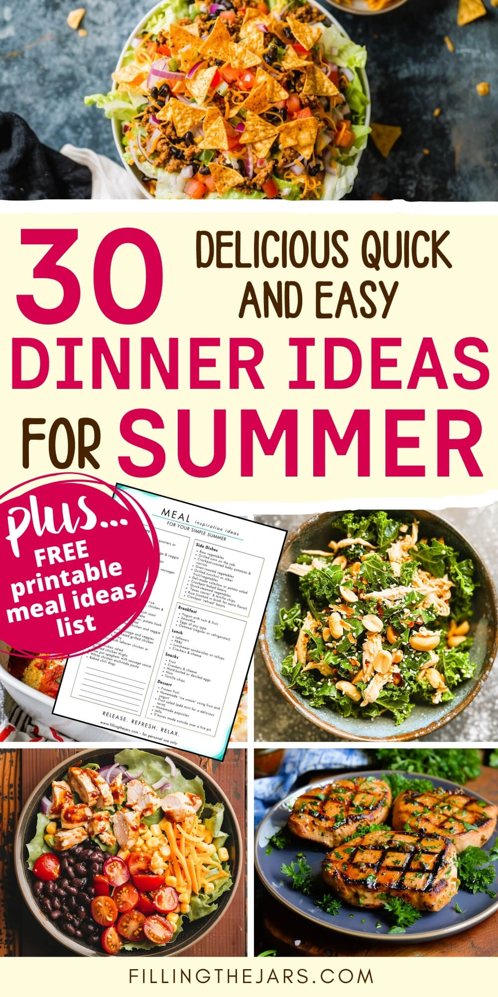 Pinterest image with text '30 delicious quick and easy dinner ideas for summer' over collage of summer meal ideas and mockup for printable meal planning inspiration list.