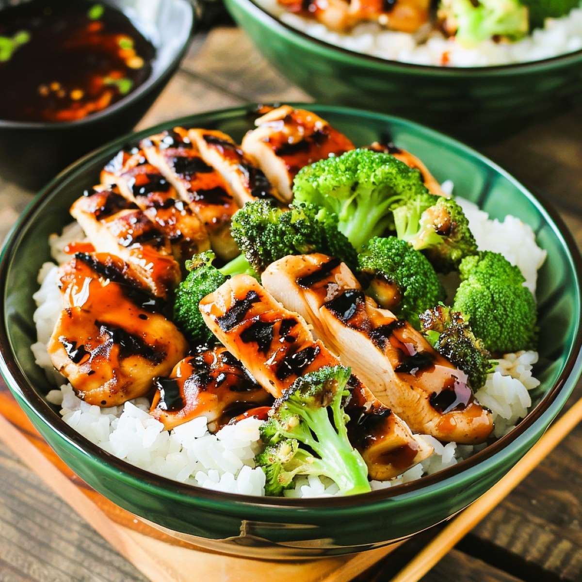 Teriyaki chicken with grill marks over white rice, topped with steamed broccoli and teriyaki sauce. A small bowl of extra sauce is in the background.