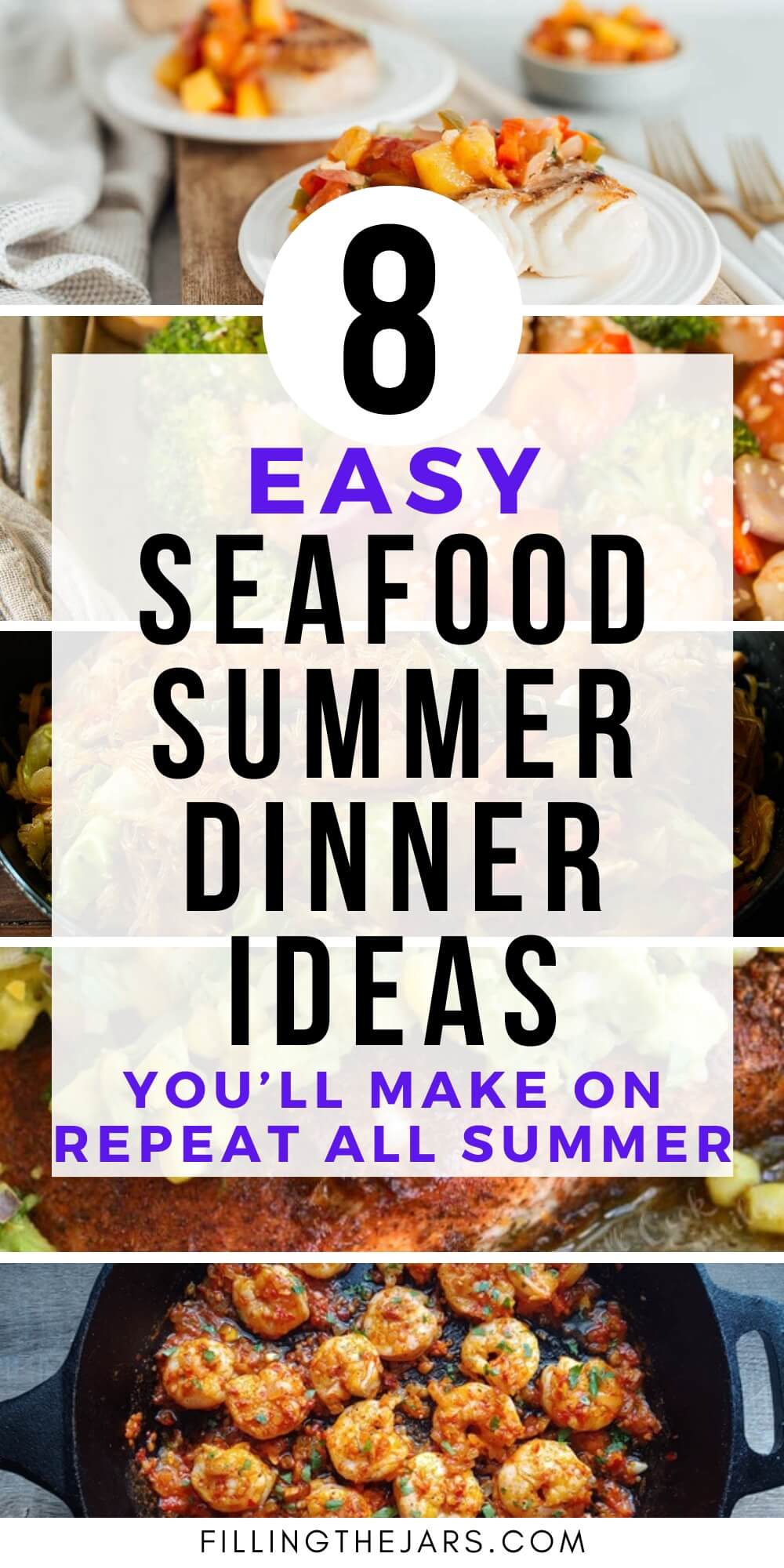 Pinterest image showing "8 Easy Seafood Summer Dinner Ideas You'll Make On Repeat All Summer" with various seafood dishes in the background.