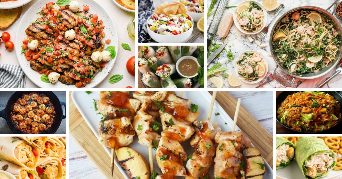 A collage of summer dinner recipes showcasing various dishes including grilled chicken with tomatoes and mozzarella, creamy pasta, grilled chicken skewers, shrimp in a skillet, and stuffed wraps. The vibrant and fresh ingredients emphasize healthy and flavorful summer meal options.