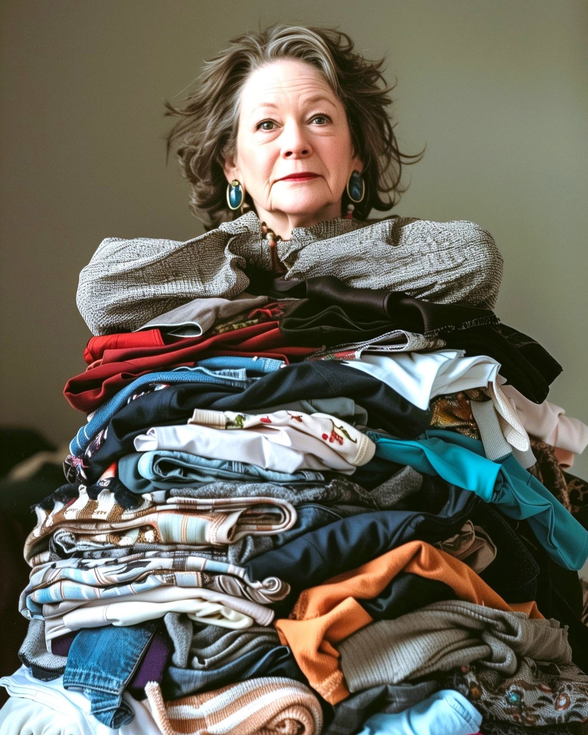 An older woman is wondering how to stop buying clothes as she stands behind a large pile of folded clothes, wearing a gray sweater and blue earrings.