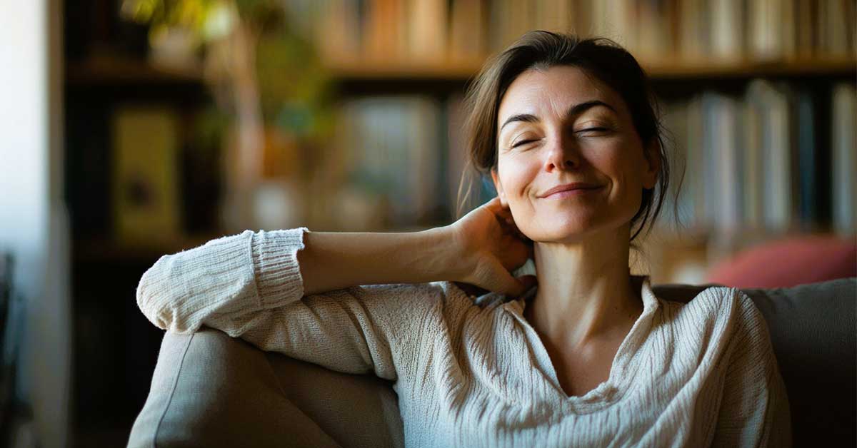 A woman sits on a couch with her eyes closed, smiling in relaxation, suggesting a moment of peace after dealing with everyday habits that drain your energy.
