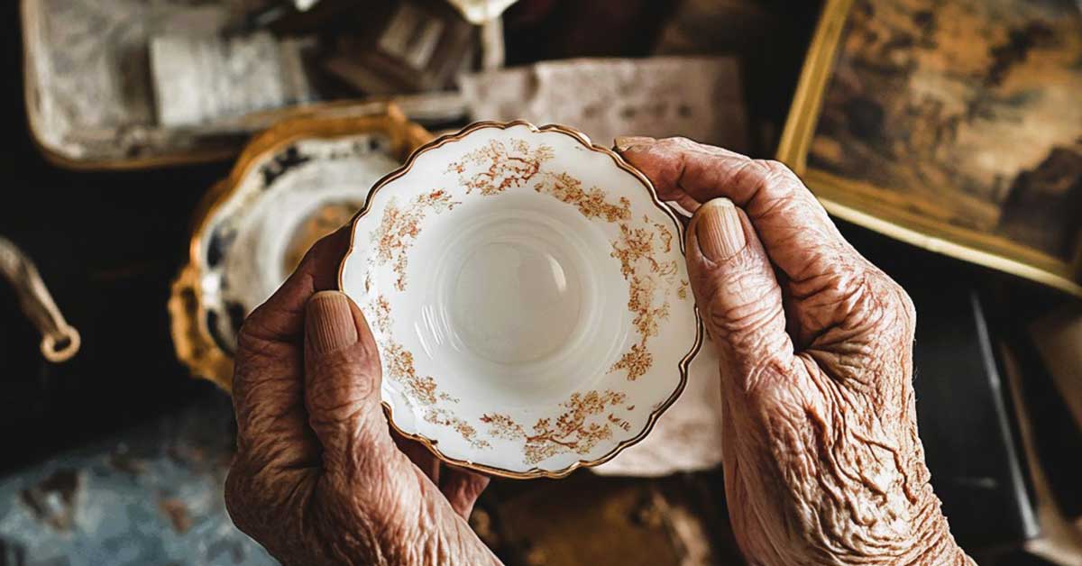 Elderly hands holding a vintage teacup with gold floral patterns, surrounded by old items, symbolizing the struggle of how much to declutter before death.