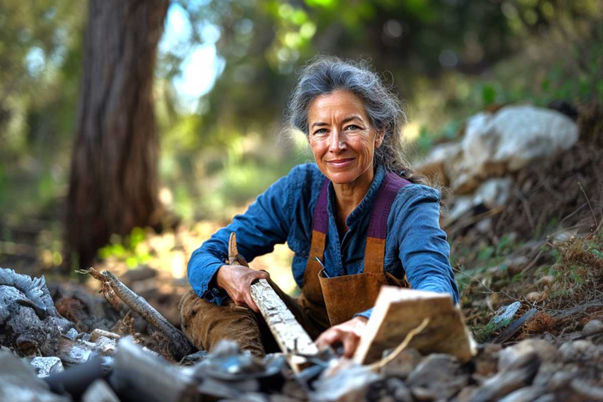 A woman with gray hair, smiling while working with wood outdoors, embodying the idea of following your passion in nature.