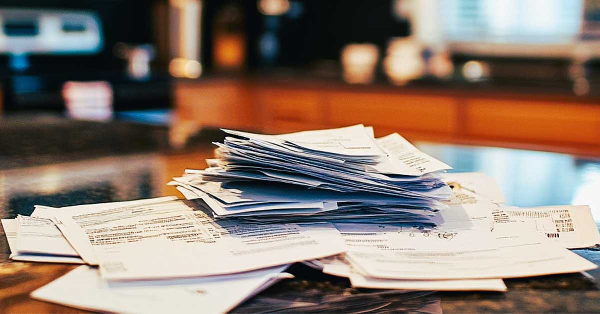A pile of papers on a kitchen counter, representing clutter types like accumulated documents.