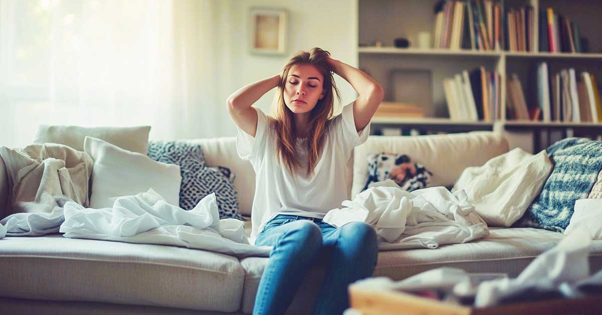 A stressed young woman sits on a messy couch in a cluttered living room, representing the challenge of how to keep your house clean when you work full time.
