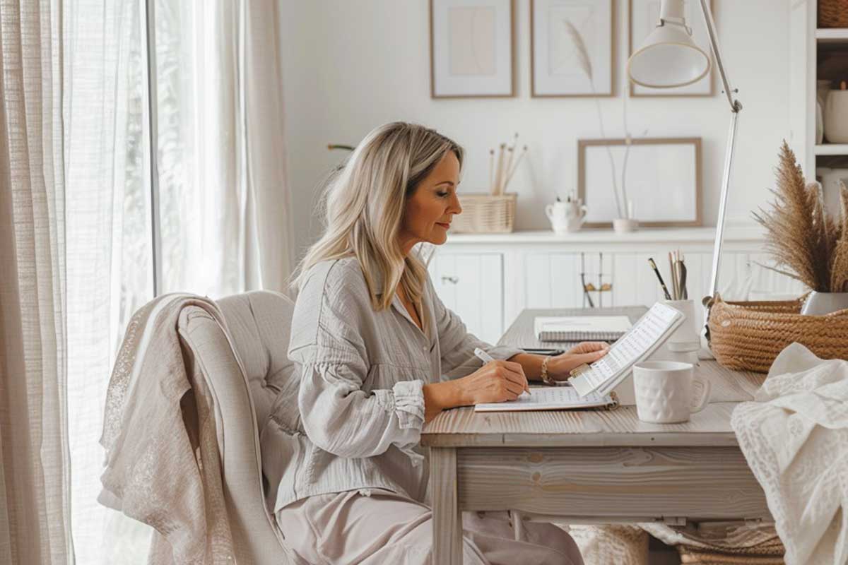 Woman writing in a journal at a cozy desk, illustrating a calm space ideal for journaling for overthinkers.