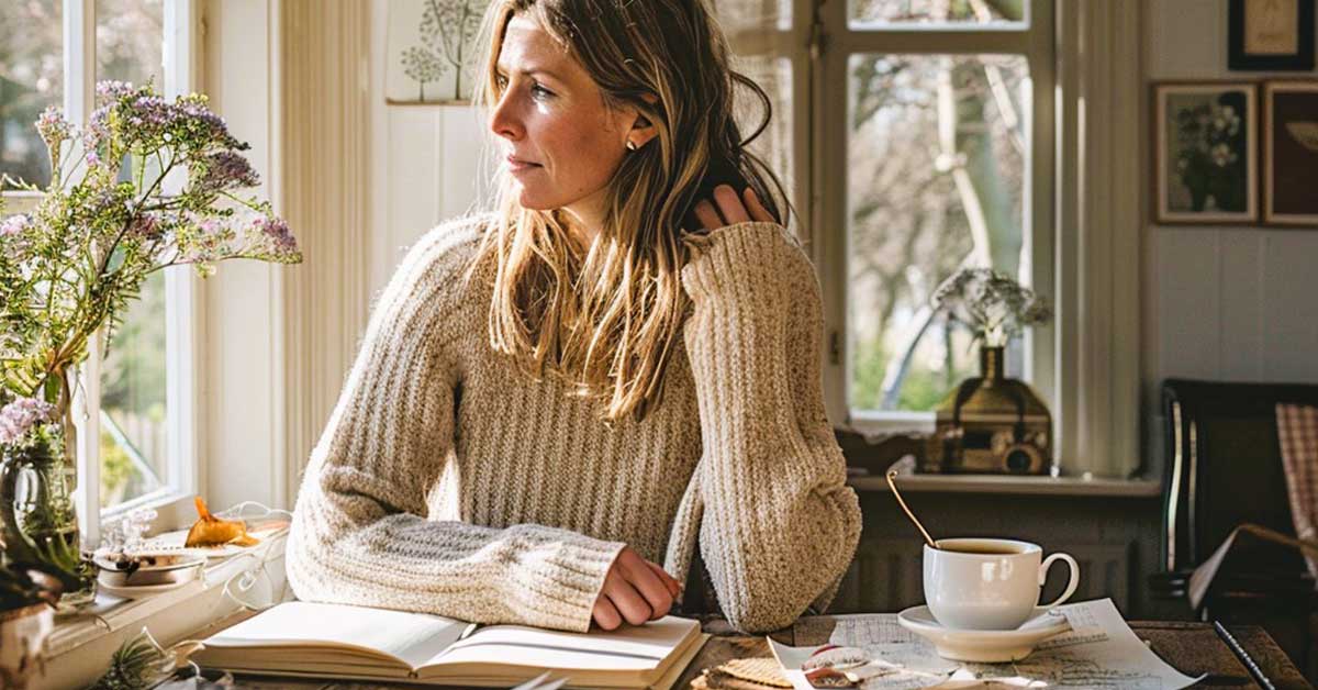 A woman in a cozy sweater sits by a window with an open journal and coffee, reflecting and journaling for overthinking.