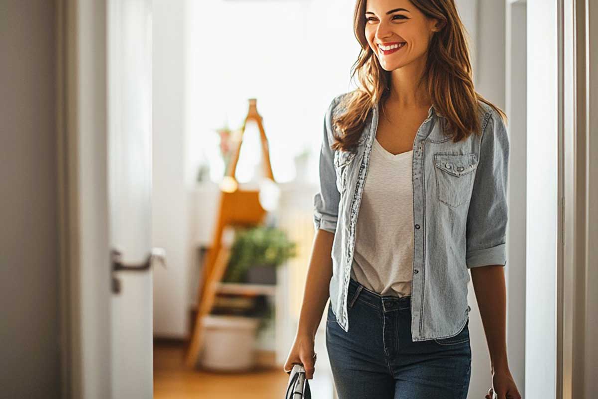 A smiling woman in casual clothing enters a bright, well-organized home, conveying a sense of balance between maintaining a clean living space and managing a full-time job.