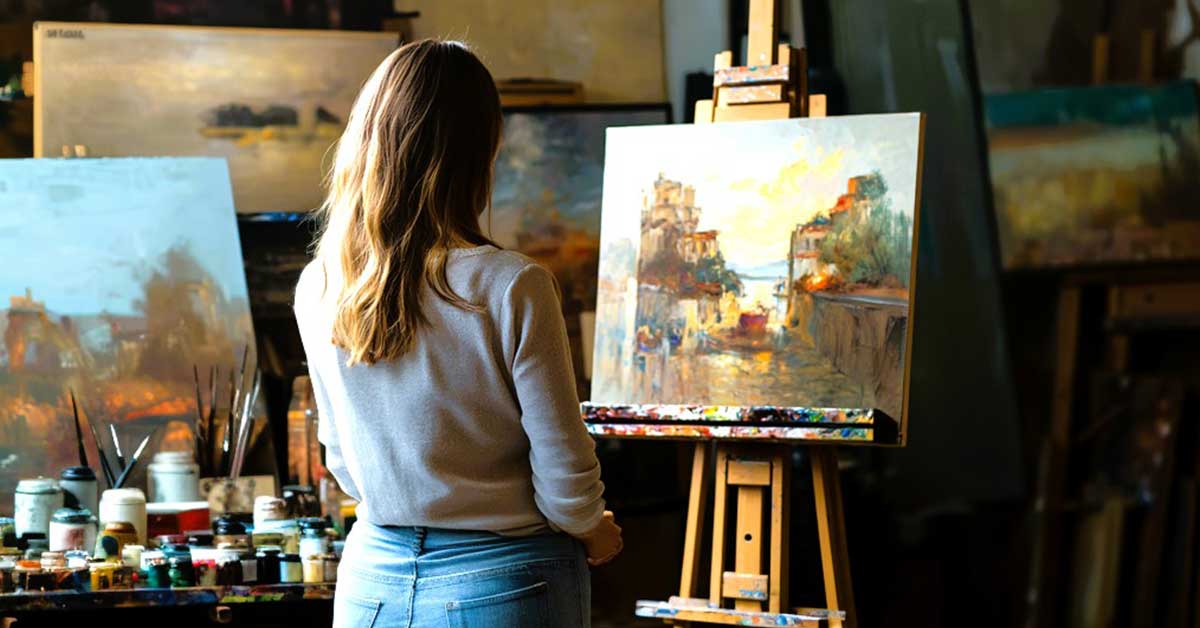A woman standing in an art studio, gazing at a colorful painting of a cityscape at sunset on an easel in front of her. The scene around her includes paint jars and brushes, suggesting she is actively pursuing her passion for painting.