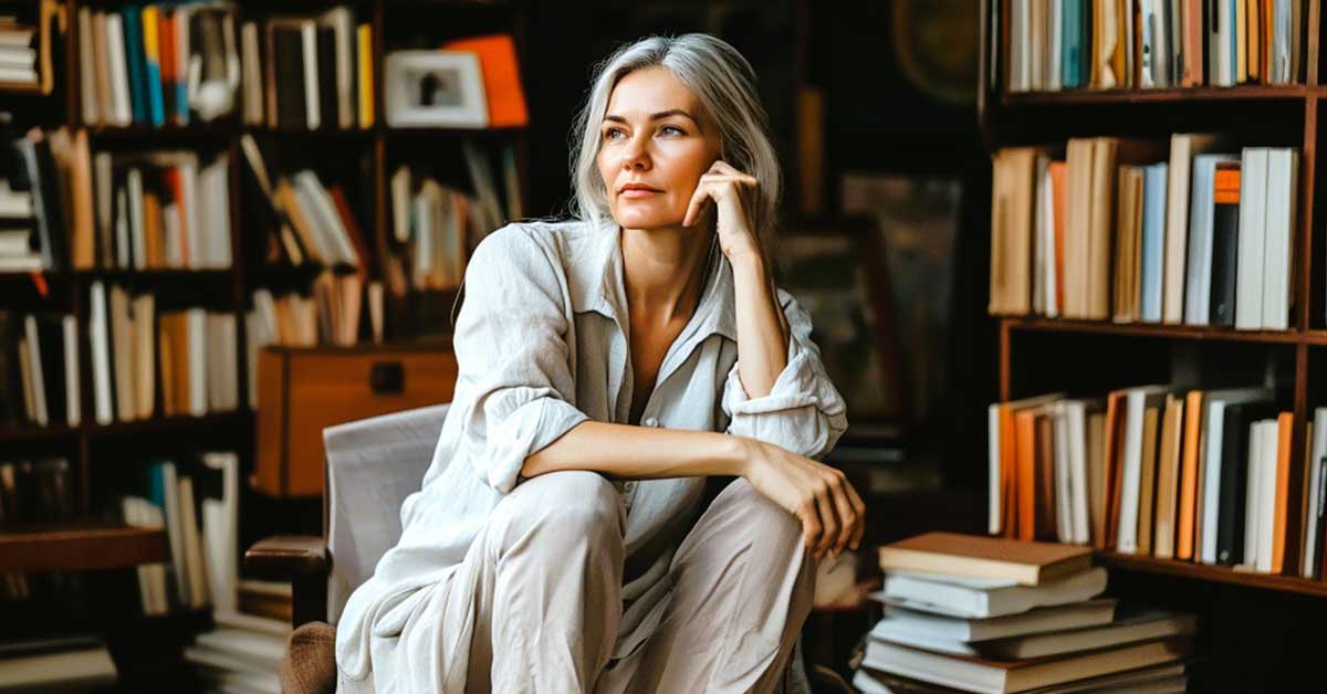 A woman with silver hair sits thoughtfully in a cozy library, wearing relaxed, neutral-toned clothing, surrounded by books, contemplating the idea of learning to think like a minimalist.