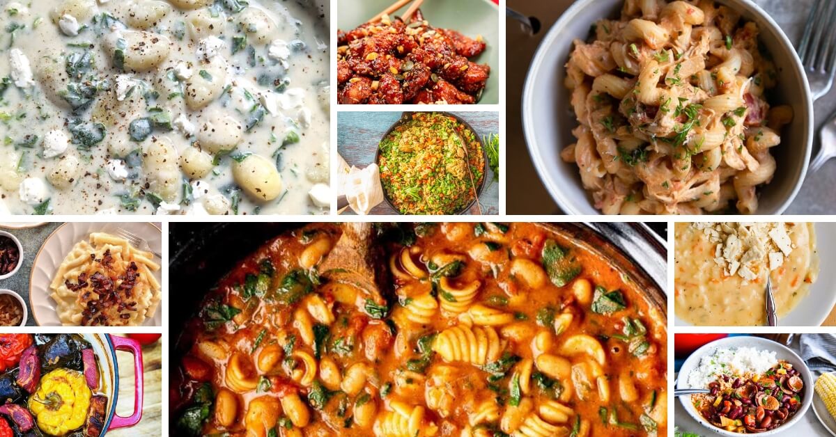 Collage of comforting cold-weather foods including creamy gnocchi, pasta with sauce, a colorful rice dish, beans and rice, and roasted vegetables, perfect for cozy meals.