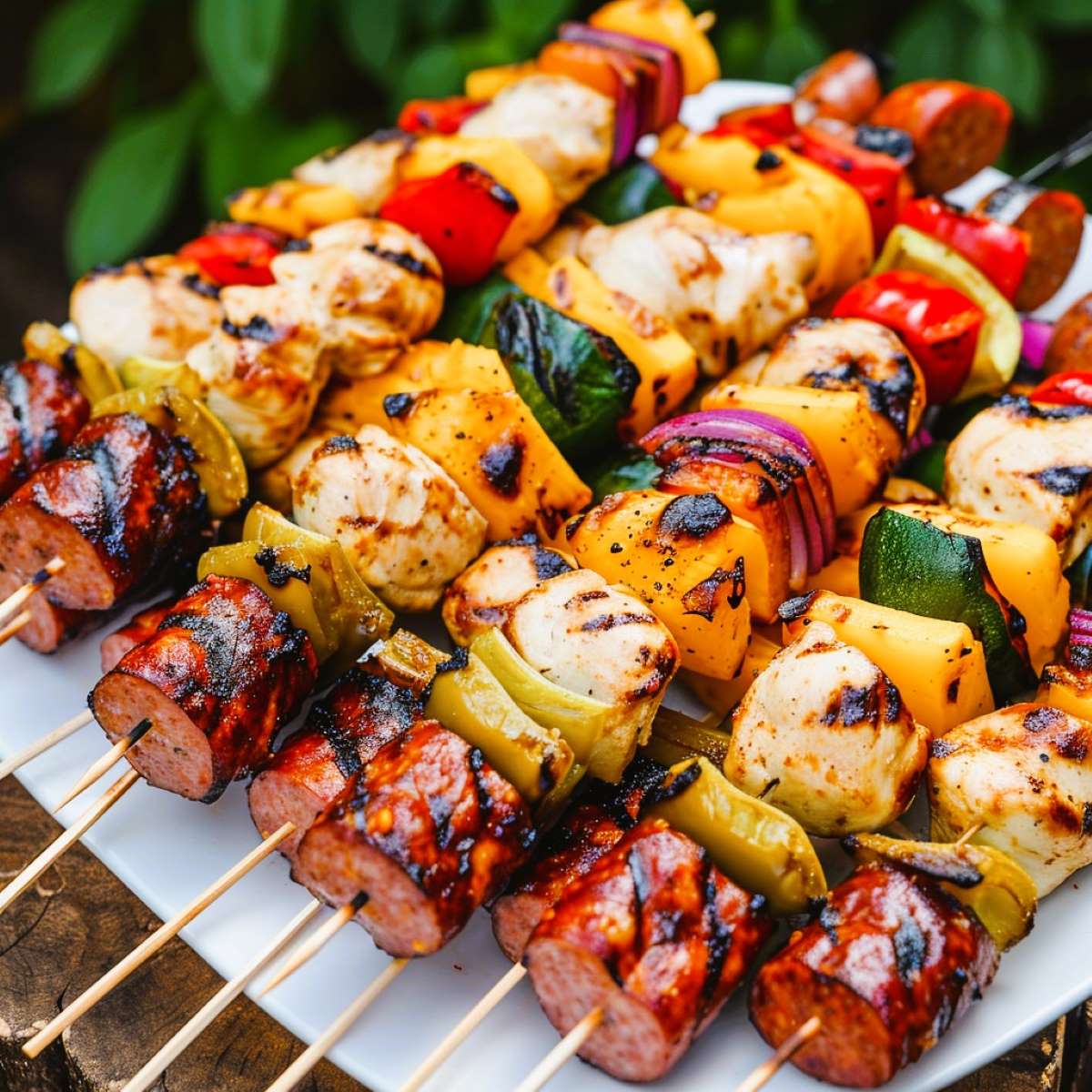 Chicken, smoked sausage and vegetable kabobs for a March supper plan.