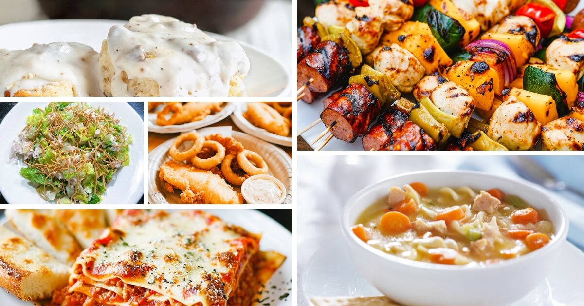 Collage of meals representing a month of March menu planning.