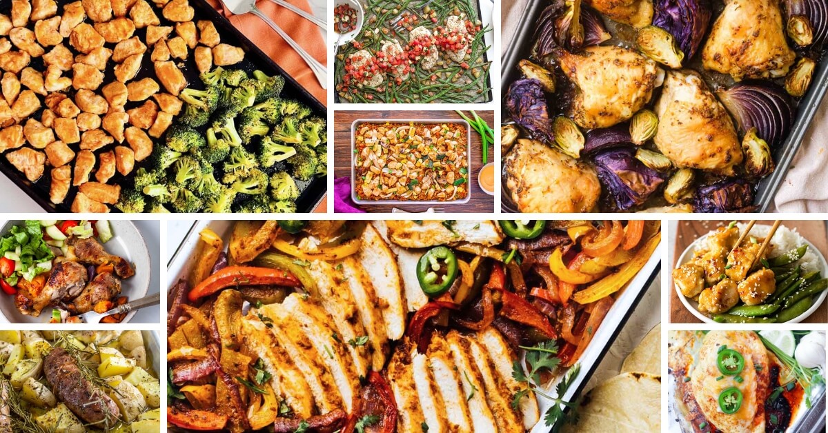 This image showcases a variety of chicken sheet pan dinner ideas for cozy winter suppers, featuring vibrant roasted vegetables, seasoned chicken, and comforting flavors perfect for cold evenings.