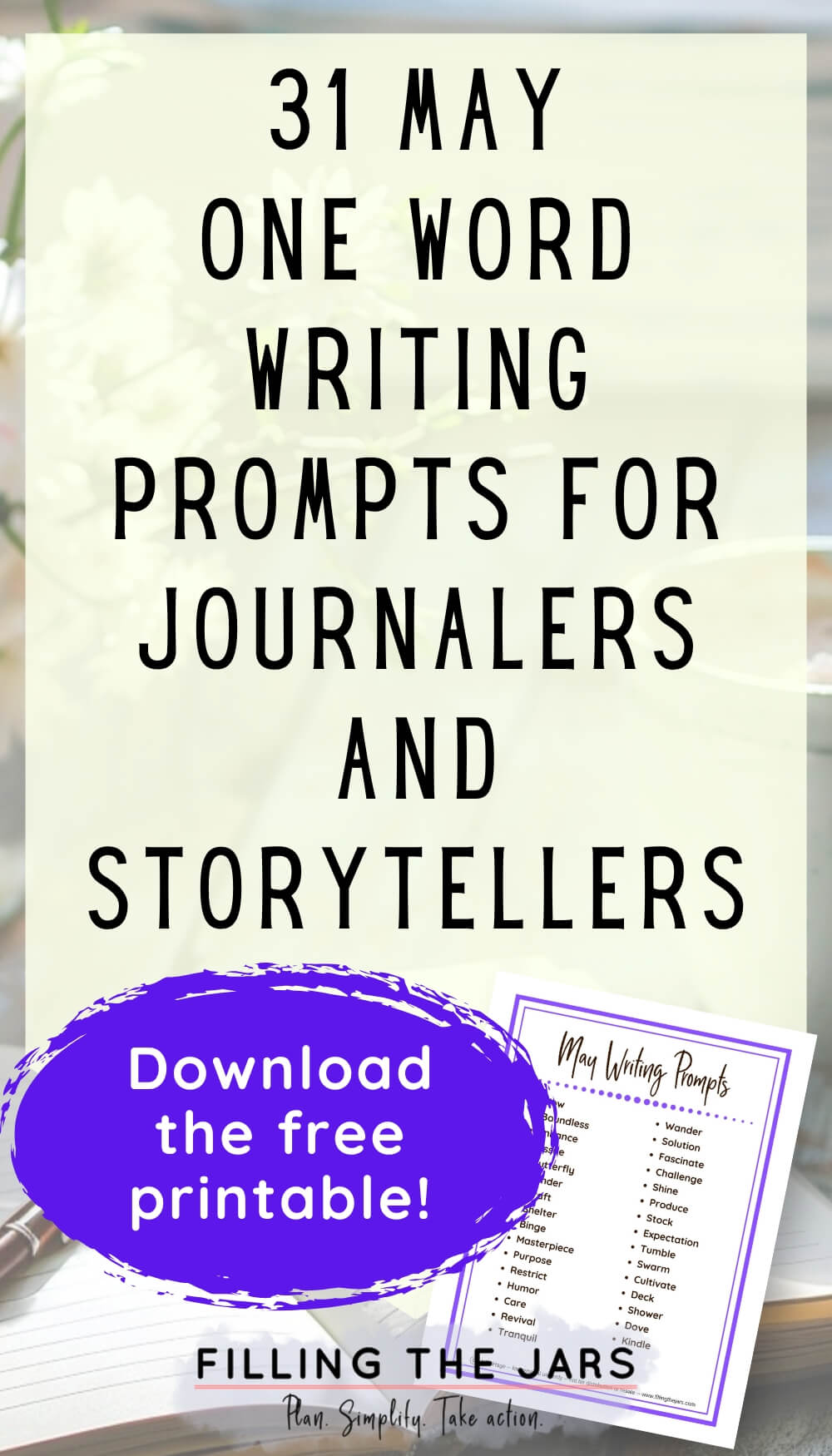 Text-based Pinterest image reading "31 May One Word Writing Prompts for Journalers and Storytellers." A purple paint-stroke graphic says "Download the free printable!" with a preview of the printable showing 31 single-word prompts.