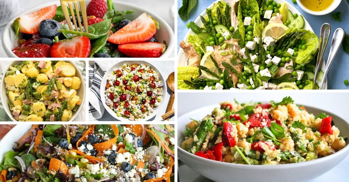 Collage of vibrant spring salad recipes featuring fresh seasonal ingredients, perfect for inspiring healthy meals.